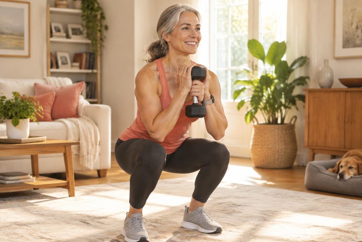 Smiling woman in her fifties doing a dumbbell squat at home